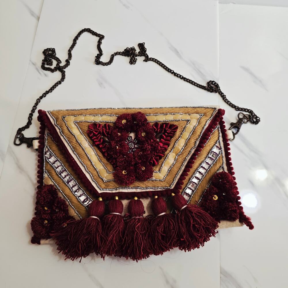 World Market Burgundy Nomad Tassel and Sequin Clutch Crossbody Strap BOHO